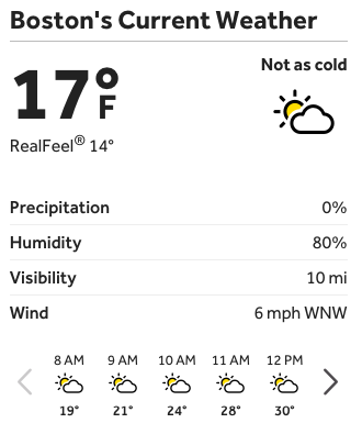 Screenshot of Boston's current weather forcast; reading 17 degrees with a "Real Feel" of 14 degrees.